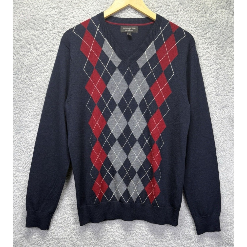 Banana Republic Mens M 100% Merino Wool Sweater Blue Red Argyle V Neck Preppy - Picture 1 of 8